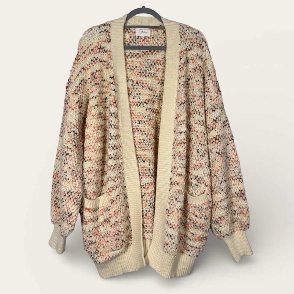 Böhme Tan Orange Multicolor Chunky Knit Boho Open Cardigan Size XL
